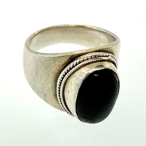 925 Sterling Silver Natural Black Sun Stone Ring - Size 7.75 - Picture 4 of 10